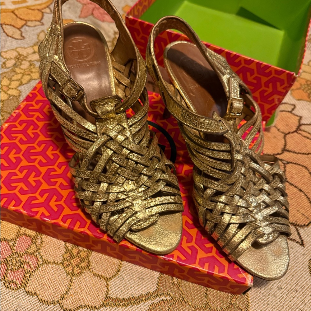 Tory Burch Gold Braided Leather Slingback Heels